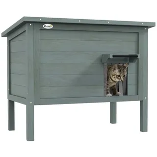 PawHut Katzenhaus aus Holz Katzenhöhle Outdoor Isolierte Katzenhütte mit Türvorhang