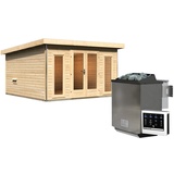 Woodfeeling Karibu Saunahaus Mainburg 3 mit Vorraum - 38 mm naturbelassen Set C (Sauna B 1,34 x T 1,34 m mit 2 Liegen 57/52 cm) 9 kW Bio-Kombiofen inkl. Steuergerät inkl. 8-teiligem gratis Zubehörpaket (Gesamtwert 191,92€)