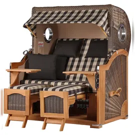 Mr. Deko bene,iving Strandkorb Komplettset Ammersee Grande XL Teak Bullauge PE grau Modell 505 inkl. Liftersystem Schutzhülle Doppelrollen Glasbecherhalter