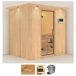 Karibu Sauna Bedine, BxTxH: 210 x 165 x 202 cm, 68 mm, (Set) 9 KW-Bio-Ofen mit externer Steuerung beige
