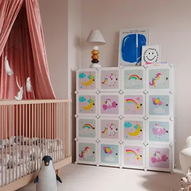Songmics Kinderregal, Weiß, Metall, Kunststoff, 16 Schubladen, 123x123x31 cm, Babymöbel, Babyzimmerregale