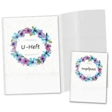 OLGS U-Heft und Impfpasshülle Set 3-teilig | Blumenkranz Blumen | Hüllen für den Untersuchungsheft & Impfpass | Geschenke Baby | Babygeschenke zur Geburt (U-Heft Set 3-teilig, Enzian)