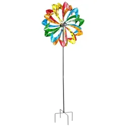 Lex Metall Doppel Windrad 140x38cm Windspiel Gartendeko Balkon Terrasse multicolor
