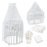 Waldin Oval Baby-Bett Mitwachsend Komplett Set 7in1, Gitterbett, Kinderbett mit Matratze, Wickelkommode, Beistellbett, Holz Weiß, Stoffe Weiß Löwenzahn