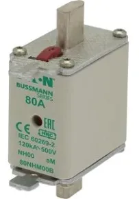 Eaton 80NHM00B Sicherungseinsatz, Niederspannung, 80 A, AC 500 V, 120 kA, NH00, aM, IEC, Doppelkennmelder, spannungsführende Grifflasche NH FUSE 80A 500V SIZE 00 AM - 3 Stück