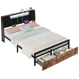 Rutaqian Metallbett 140/160*200cm Flachbett, Eisenrahmenbett (Bett mit farblich veränderbarem Ambientelicht), 24-Tasten-Fernbedienung, ausgestattet mit USB-Buchse schwarz + braun braun