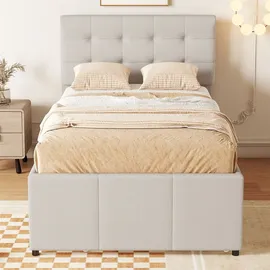 XDOVET Polsterbett, 90x200cm(90x190cm),Familienbett, Bett mit drei Schubladen, Ausziehbares Rollbett, Verstellbares Kopfteil