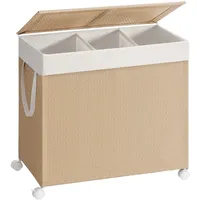 songmics home Wäschekorb 140 L mit 3 Fächern und Rollen naturbeige-mattweiß