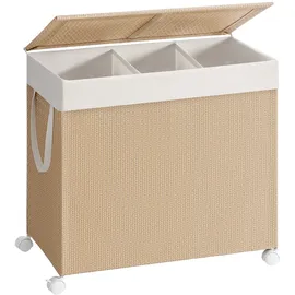 songmics home Wäschekorb 140 L mit 3 Fächern und Rollen naturbeige-mattweiß