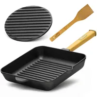 BRIZOLL 28cm Gusseisen Grillpfanne Holzgriff Pressdeckel Bratpfanne Pfanne Feuerpfanne