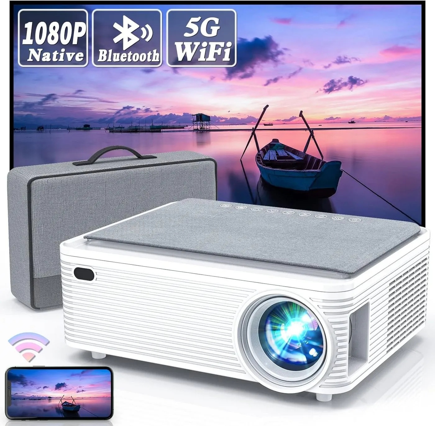 WISELAZER Portabler Projektor (12000:1, Full HD Beamer 4K Heimkino WiFi/Bluetooth UHD Smartphone/PC/TV Box) weiß