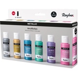 Rayher Acrylfarben-Set Metallic, 6 Farben à 60 ml (rosa, violett, blau, grün, silber, gold), für Einsteiger und Profikünstler, für viele Untergründe geeignet, wasserbasierend, 35059000