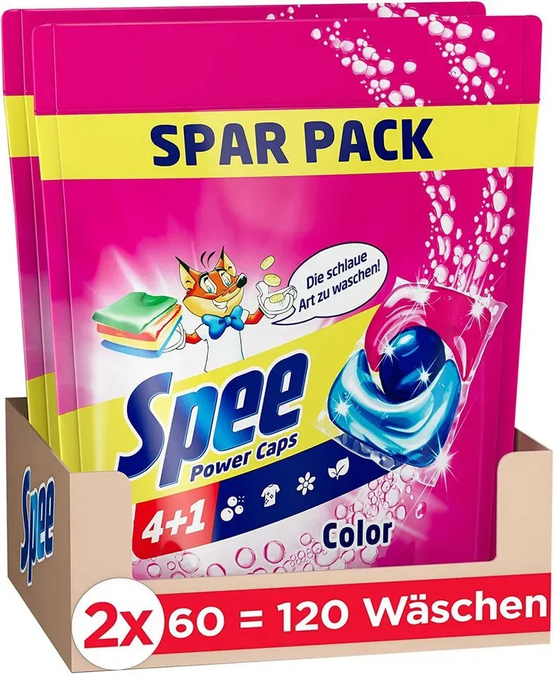 Spee 4+1 Power Caps 2 x 60 WL (120 WL) Colorwaschmittel (Spar-Pack, [120-St. für Buntwäsche & Dunkles, vordosiertes Waschmittel für Reinheit, Frische & Nachhaltigkeit)