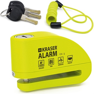 KRASER KR6Y Motorcycle Disc Lock Alarm 110dB, Reinforced Waterproof, +Dissuasive, 5ft Reminder Cable, Carry Pouch, 6mm Universal Anti Theft Wheel Brake Lock for Scooter, Bicycle, Electric Bike