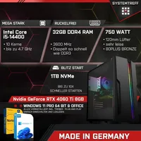 SYSTEMTREFF Gamer Komplett-PC - Intel Core i5 14400 - Nvidia GeForce RTX 4060 Ti 8GB - 32GB DDR4 - 1TB M.2 SSD (NVMe) MSI Spatium + - 27 Zoll TFT - PC