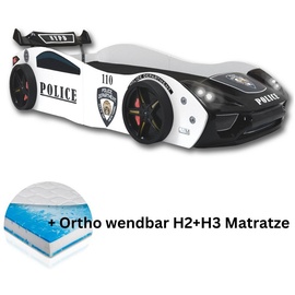 Aileenstore Autobett "Police" Spielbett für Kinder 90x200 inkl. Lattenrost und Ortho wendbar H2+H3 Matratze