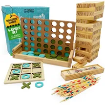 PHIBER-SPORTS 4-in-1 Holz Spielesammlung Wackelturm, Vier-in-Einer-Reihe, Tic Tac Toe & Mikado