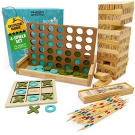 PHIBER-SPORTS 4-in-1 Holz Spielesammlung Wackelturm, Vier-in-Einer-Reihe, Tic Tac Toe & Mikado