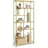 VASAGLE Bücherregal, Regal mit 6 Ablagen, Standregal, Ablagen aus Hartglas, 30 x 80 x 180 cm, für Arbeitszimmer, Büro, Wohnzimmer, Schlafzimmer, Küche, metallisches Gold-transparent LGT502A01