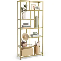 VASAGLE Bücherregal, Regal mit 6 Ablagen, Standregal, Ablagen aus Hartglas, 30 x 80 x 180 cm, für Arbeitszimmer, Büro, Wohnzimmer, Schlafzimmer, Küche, metallisches Gold-transparent LGT502A01