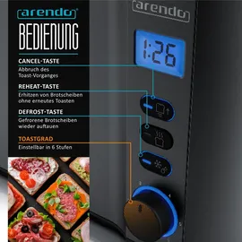 Arendo Toaster 4 Scheiben, Langschlitztoaster, Langschlitz, Edelstahl, 1500W, Display mit Restzeitanzeige, Brötchenaufsatz, Defrost Funktion, Wärmeisolierendes Gehäuse, Schwarz