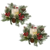 Weihnachtsdeko Teelichthalter Weihnachten Kerzenhalter Adventskranz, Teelichthalter Adventskranz Aus Hochwertigem Harz, Adventskranz Künstlich Mit Beeren Kerzenring Weihnachtsdeko Tisch (A,2STK)