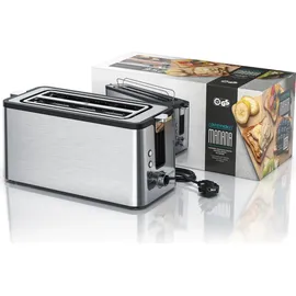 Arendo Edelstahl Toaster Langschlitz 4 Scheiben - Defrost Funktion - wärmeisolierendes Gehäuse - mit integrierten Brötchenaufsatz - Krümelschublade
