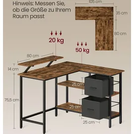 VASAGLE Schreibtisch Eckschreibtisch Computertisch mit Schubladen 115cm Vintage