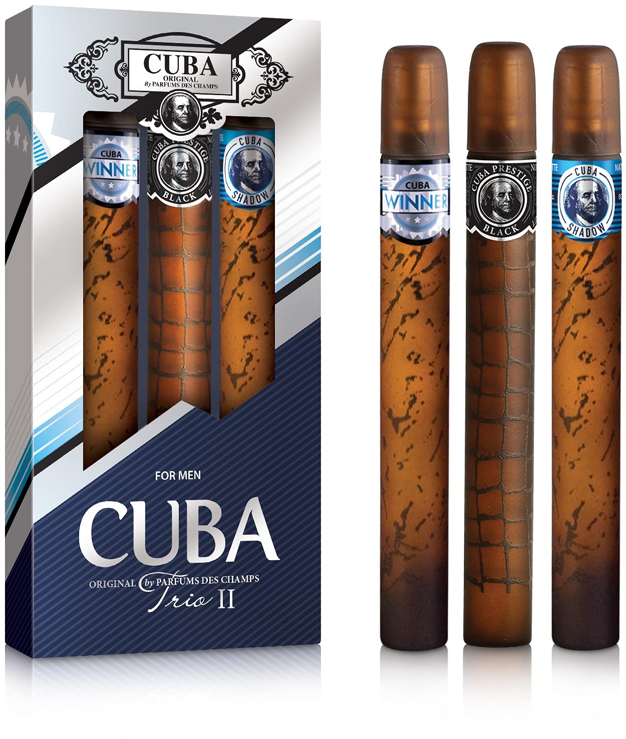 Trio 2 by Cuba for Men - 3 Pc Gift Set 1.17oz EDT Spray, 1.17oz Cuba Shadow EDT Spray, 1.17oz Cuba Prestige Black EDT Spray