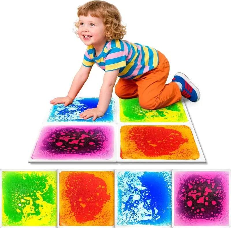 Art3D Interaktive Flüssigbodenfliesen aus langlebigem PVC, 11,8 x 11,8 Zoll, sensorisches Spiel & Stressabbau für Kinderzimmer, Tanzboden, Bar, 4er-Pack, mehrfarbig