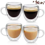 4 Stück Doppelwandige Latte Macchiato Gläser, 250ml Borosilikatglas Kaffeegläser mit Henkel, Hitze und Kältebeständigkeit Kaffeetassen Glas für Cappuccino Latte Tee Kaffee Milch Saft Bier