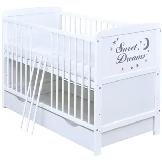 Baby Delux Babybett Kinderbett umbaubar zum Juniorbett weiß 140x70 Schublade Matratze mit Motiv Sweet Dreams (mit Kokos-Buchweizen-Matratze 140x70x9 cm)