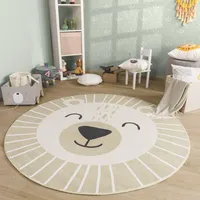 TT Home Waschbarer Kinderteppich Teppich Kinderzimmer Rund Spielteppich Löwe Bär Muster, Farbe:Beige Braun, Größe:160 cm Rund