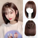 KXW Braune Bob Perücke mit Pony Echthaar Perücken für weiße Frauen Gerade Kurze Bob Air Pony Perücke Mädchen Party Cosplay Täglich (30-40 cm, Hellbraun, Naturschwarz)