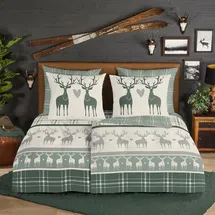 Traumschlaf Flanell Bettwäsche Hirsche 135x200 cm + 80x80 cm - grün;beige;grau