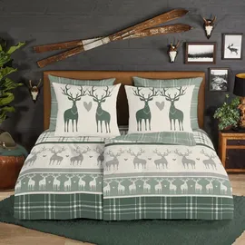 Traumschlaf Flanell Bettwäsche Hirsche 135x200 cm + 80x80 cm - grün;beige;grau