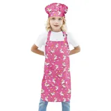 BIGHAS Kinderschürze Kochmütze Verstellbarer Nackenriemen Klettverschluss Design Bund zum Backen, Malen, Kochen (Pink-unicorn, (3'11"-4'7") M) - (3'11"-4'7") M