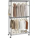 Vevor 3-lagiger Rollbarer Kleiderständer Garderobenständer Kleiderstangen, 204 cm Höhe Stahl Kleiderständer 182 kg Belastbar, Strapazierfähig Ständer für Schlafzimmer, Wäscheraum, Ankleidezimmer usw.