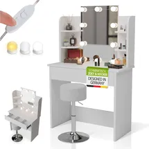 Juskys Schminktisch Zoey & Hocker Tonia, LED-Spiegel & Stauraum, moderne Optik mit Schublade – Weiß