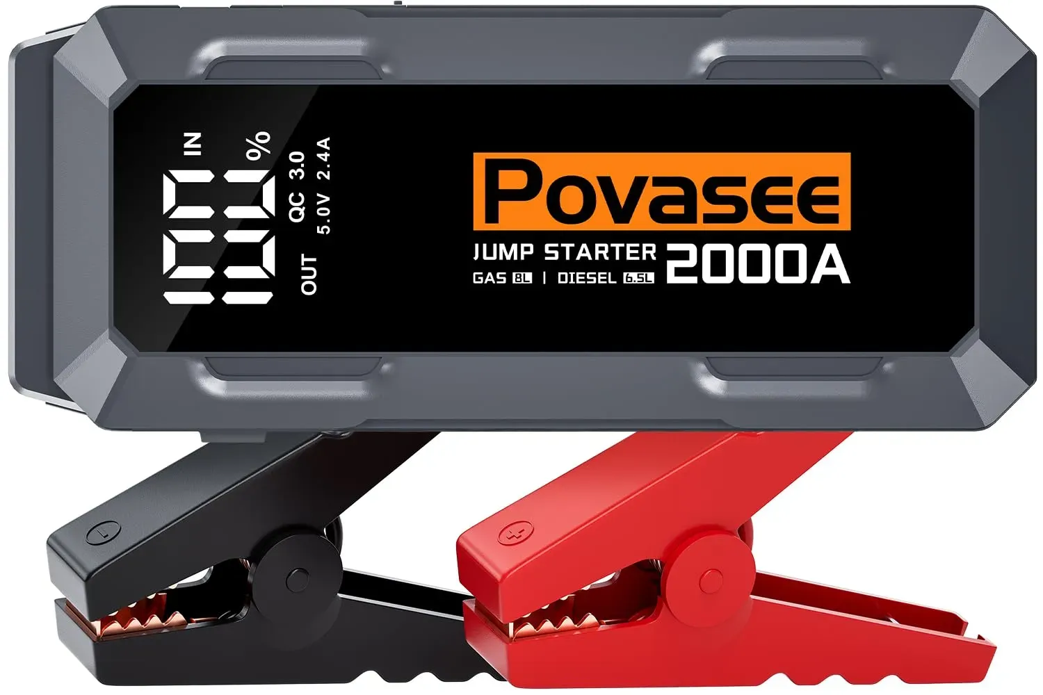 Povasee Starthilfe Powerbank, 2000A Spitzenstrom Auto Starthilfe Powerbank mit LCD Display, 12V Jump Starter mit USB Schnellladung und LED Taschenlampe (Bis zu 8L Benzin & 6.5L Dieselmotor)