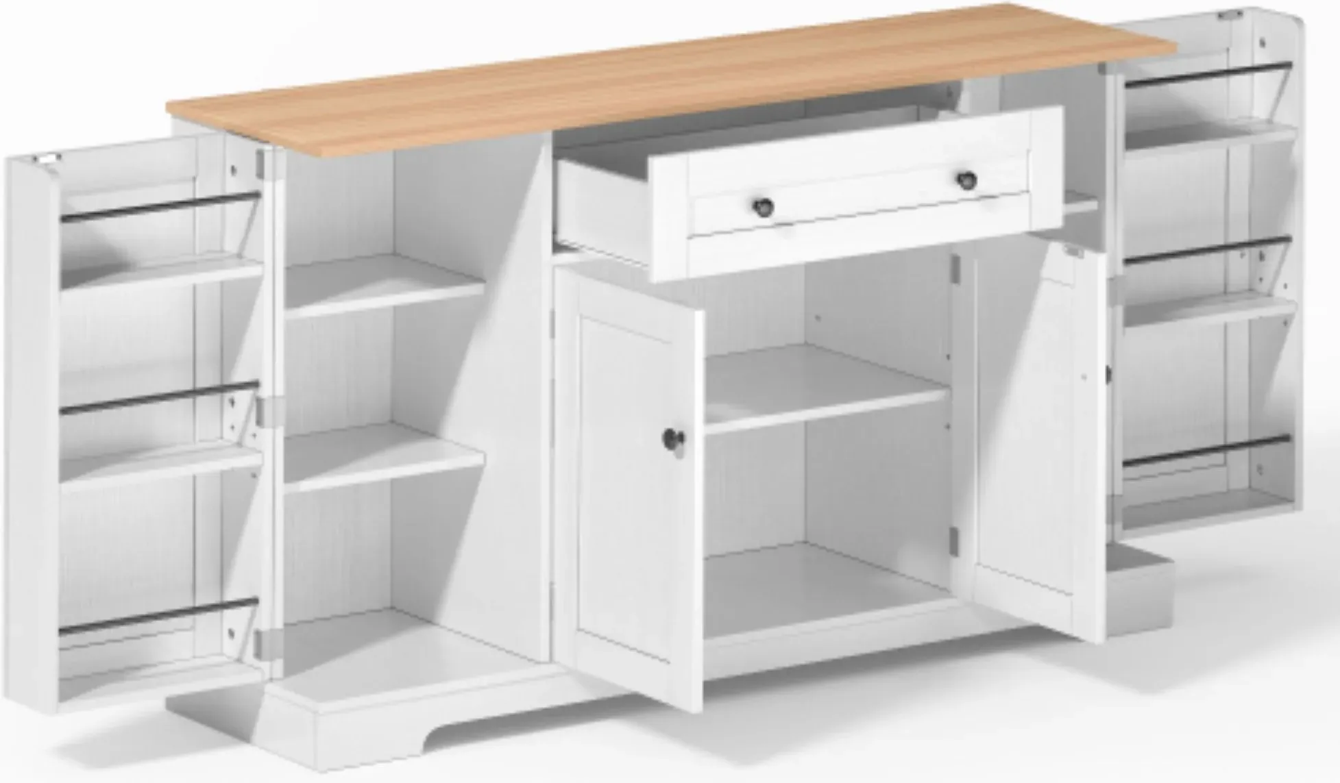 Multifunktionales Küchenbuffet, mit Schublade und Regaltüren, Modernes Design, 138x40x85 cm, Weiß+Naturfarbe