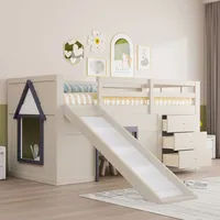 90 X 200 Niedriges Hochbett Mit Rutsche, Drei Schubladen Und Zwei Türen, Creme