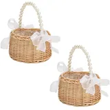 2 Stück Wicker Rattan Blumenmädchen Korb Blumenkorb mit henkel und Schleife Blumenkörbe Geflochtener Korb für Die Hochzeit Blumen (Garn A)