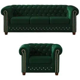 S-Style Chesterfield Garnitur Samt 3-Sitzer Grün