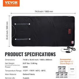 Vevor 520W Infrarot Saunadecke 1900x900mm Sauna Blanket 1-6 Stufen (35°C-85°C) Infrarotdecke 40-Minuten-Fettverbrennung Heizdecke 5-Schicht-Siche...