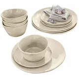 Loberon Geschirr 12er Set Luganville, handgefertigt, einzigartige Textur, große & kleine Teller, Schüsseln, robust & spülmaschinenfest, Tischaccessoires, Steinzeug, beige