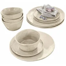 Loberon Geschirr 12er Set Luganville, handgefertigt, einzigartige Textur, große & kleine Teller, Schüsseln, robust & spülmaschinenfest, Tischaccessoires, Steinzeug, beige