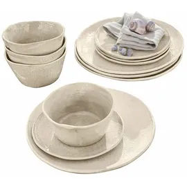 Loberon Geschirr 12er Set Luganville, handgefertigt, einzigartige Textur, große & kleine Teller, Schüsseln, robust & spülmaschinenfest, Tischaccessoires, Steinzeug, beige