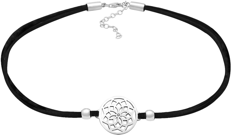 Elli Choker Blume des Lebens Textilband 925 Silber Ketten   Damen 