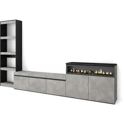 SKRAUT HOME Wohnzimmer-Möbel TV, Wohnzimmer-Wandsystem, 310x186x35cm, Für TV-Geräte bis 65“, Elektrokamin, Moderner Stil, Zementgrau - 102_194